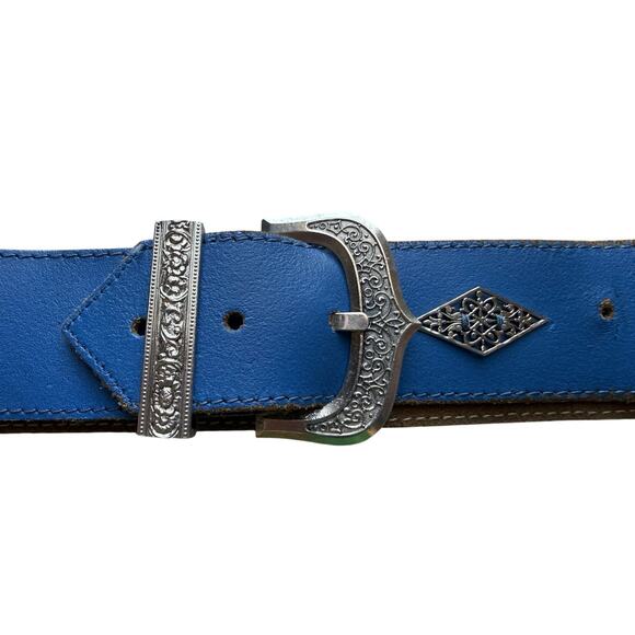 Vintage Christian Aujard Blue Leather Belt with Silver Buckle Size 32 main image 5